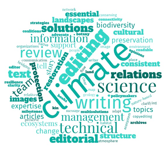 Word cloud: climate, editing, science, writing, technical, solutions, relations, and more